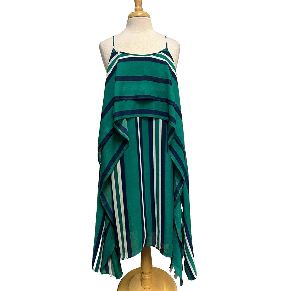 JOA Los Angles Spaghetti Strap Shift Dress Navy Green Stripe Bodice Tier SZ M
